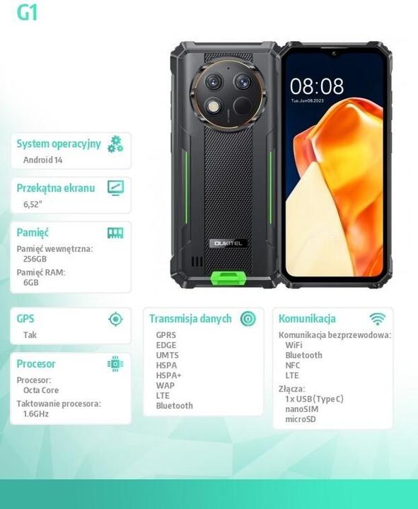 Produktbild Oukitel Smartphone G1 6.52 6/256 10600 mAh DS. Grün (256 GB, Grün, 6.52", 48 Mpx, 4G)