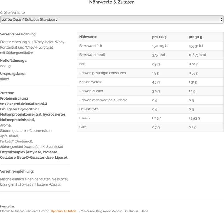 Nährwerte und Zutaten Optimum Nutrition 100 Whey Gold Standard (Erdbeere, 1 Stk., 2533 g)