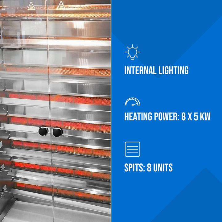 Produktbild Royal Catering Gas-Hähnchengrill 8 Spiesse mit Beleuchtung und Rädern 8 x 5 kW Edelstahl (5 kW)