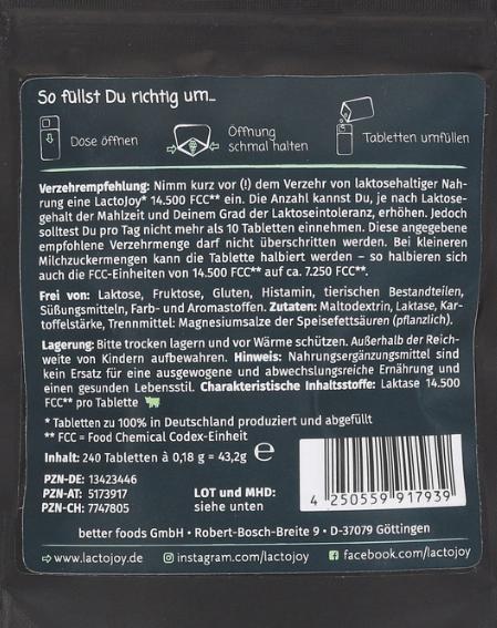 Nährwerte und Zutaten Lactojoy Laktase Nachfüllpackung (240 Stück, Tabletten, 43.20 g)