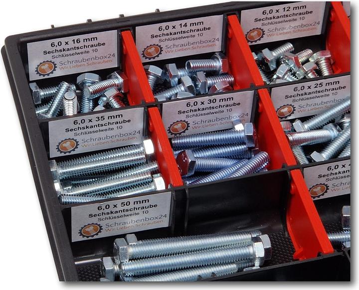 Actual product image Schraubenbox24 Hexagon bolts assortment M6 // 6mm-60mm 200 pcs screw box DIN 933/ISO4017 (200 Screws per piece)