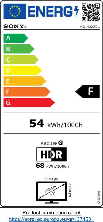 Label énergétique Sony KD-43X80L (43", X80L, LED, 4K, 2023)