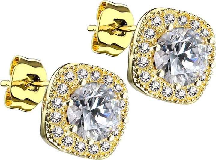 Star Piercing Ohrstecker 14k vergoldet quadratisch mit Kristall Umrandung und Kristall mittig (Chirurgenstahl 316L, Messing)