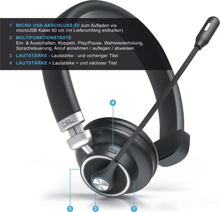 Produktbild CSL Wireless Headset, Bluetooth Kopfhörer mit flexiblem hochklappbarem Mikrofon, kabellos, leicht (Kabellos, USB-A)