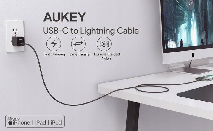 Actual product image Aukey CB-CL02 Black Nylon Lightning USB C Cable | USB power supply USB-PD | 1.2 m | Apple MFi certificate (1.20 m, USB 3.2 Gen 1)