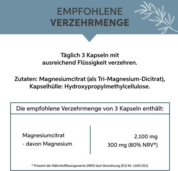 Valori nutrizionali e ingredienti Eltabia Capsule di magnesio citrato - Per il rilassamento muscolare e l'energia (200 Pezzo/i, Pillole)