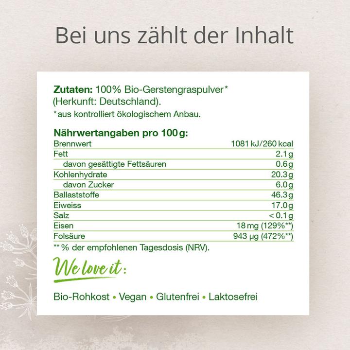 Nährwerte und Zutaten Effective Nature Bio Gerstengras (1 Stück, Pulver, 150 g)