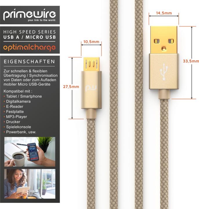 Image du produit Primewire Micro USB Cable - 2.4A MicroUSB Fast Charging Cable, Nylon, Metal Plug, Data Cable Charging Cable (2 m, USB 2.0)