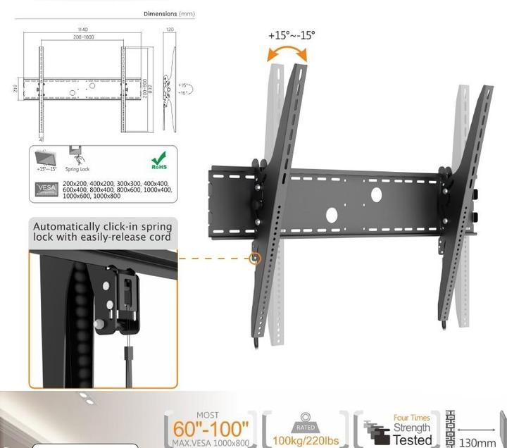 Produktbild equip 152,4cm 60Zoll-254cm 100Zoll Tilt Curved TV Wall Mount Bracket (Wand, 100", 100 kg)