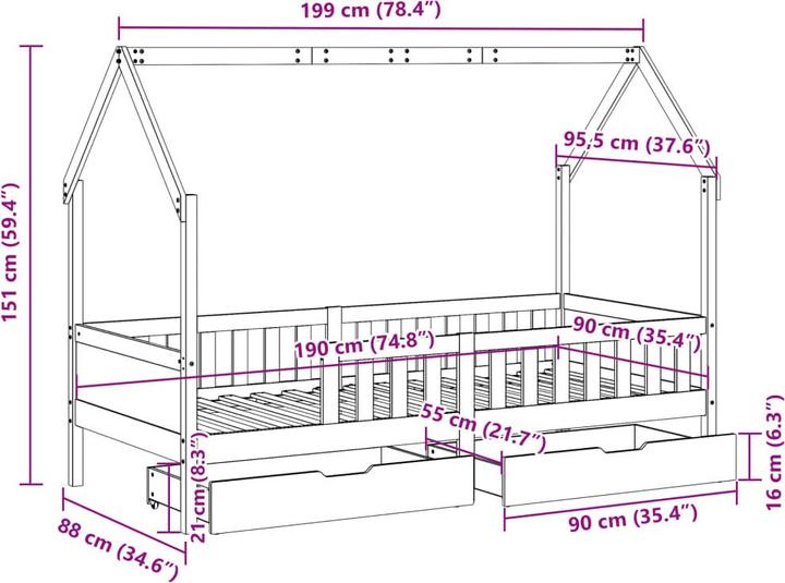 Actual product image VidaXL Cot with drawers (90 x 190 cm)