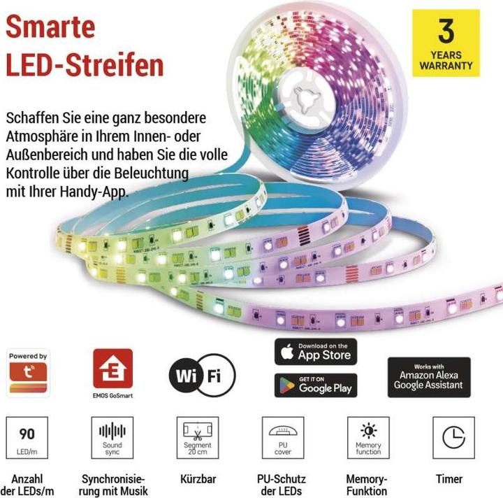 Image du produit Emos GoSmart LED-Streifen WiFi 5 m, 22W, 1400lm, RGB/CCT (Blanc froid, Blanc chaud, 500 cm, Intérieur)