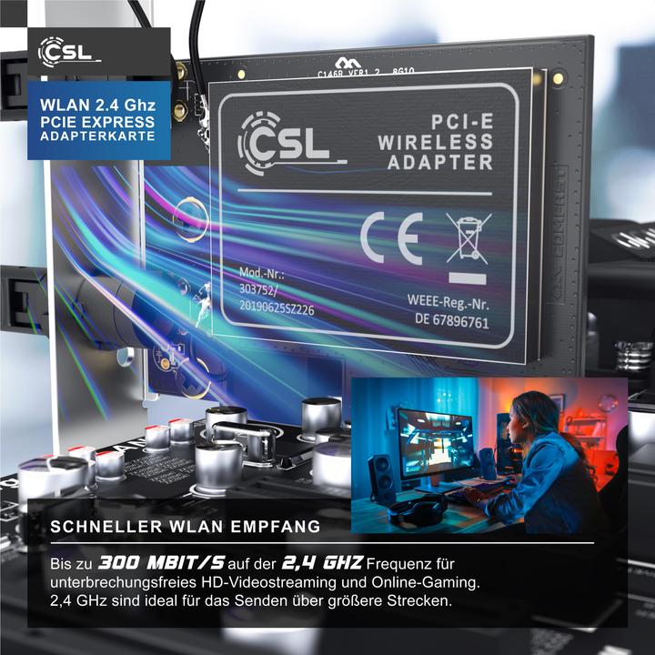 Actual product image CSL WLAN network card 2.4 Ghz PCIe, 300 Mbit/s WiFi adapter card with 2x external antennas (Mini PCI Express)