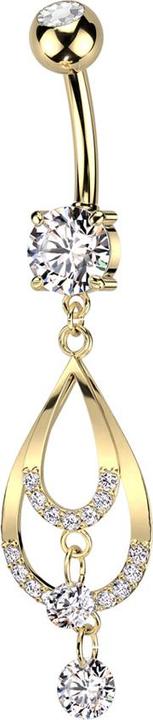 Star Piercing Banane vergoldet mit zwei Kugeln Kristall silber Anhänger zwei Tropfen mit Kristallen (Messing, Chirurgenstahl 316L)