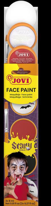 Actual product image Jovi Face Paint Scary 3 jars of 8 ml in white, red and black in hanging box. Including Make up sponge and