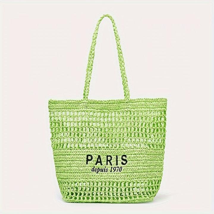 Only-Bags.Store Ausgehöhlte Stroh gewebte Einkaufstasche, modische Stickerei-Buchstaben-Umhängetasche, Strandtasche
