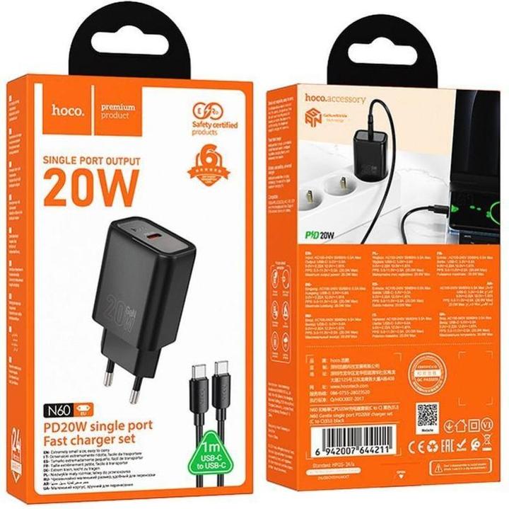 Produktbild Hoco Adapter wall charger Type C + cable Type C to Type C PD QC 20W N60 black (20 W)
