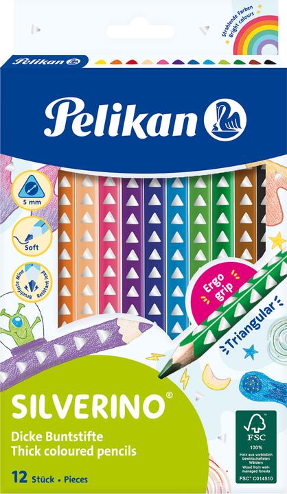 Actual product image Pelikan Crayons triangular Silverino (Orange, Yellow, Skin colour, Violet, Dark green, Pink, Black, Red, Light green, Brown, Dark Blue, Light blue, 12 x)