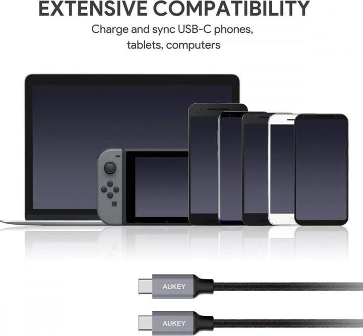 Produktbild Aukey CB-CD6 Quick Charge USB C - USB C Nageloninis Kabel | 2m | 3A | 60 W PD | 20V (2 m, USB 3.1, 60 W)