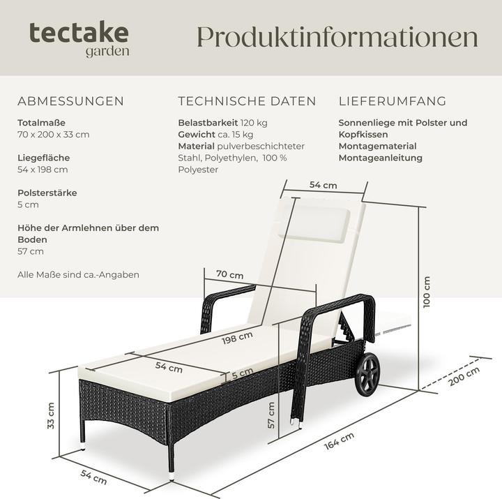 Produktbild tectake Sonnenliege Rattan mit Rollen (200 cm)
