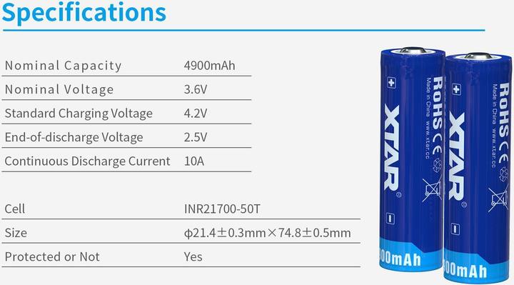Actual product image Xtar 4900mAh 3.6V 21700 battery with PCB (1 pcs., Device specific, 4900 mAh)