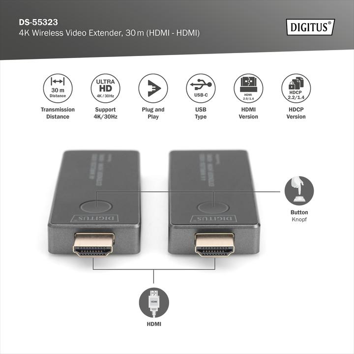 Productafbeelding Digitus 4K draadloze HDMI-extenderset, 30 m HDMI - HDMI (30 m, HDCP, HDMI 2.0)