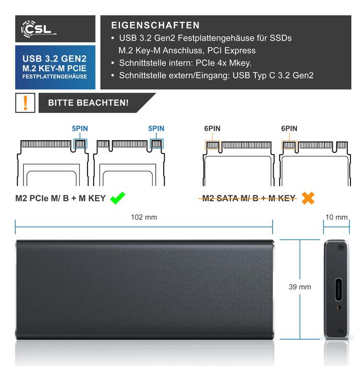 Immagine prodotto CSL Cabinet per hard disk, M.2 Key-M PCIe Cabinet per hard disk esterno USB 3.2 per SSD NVME M.2, UASP (M.2)