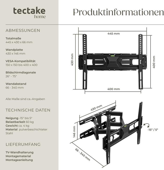 Actual product image tectake TV wall mount (Wall, 55", 60 kg)