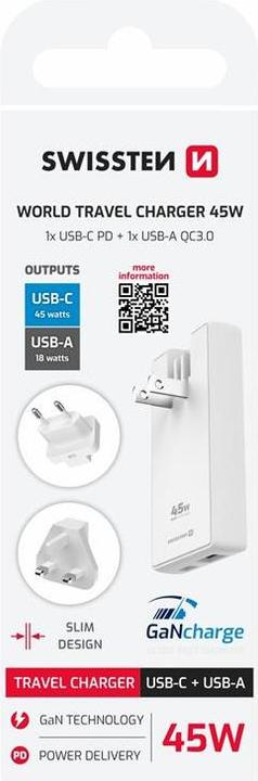 Actual product image Swissten Travel Charger Gan USB-C + USB-A 45W Switchable Plugs (US, EU, UK) - White (45 W)
