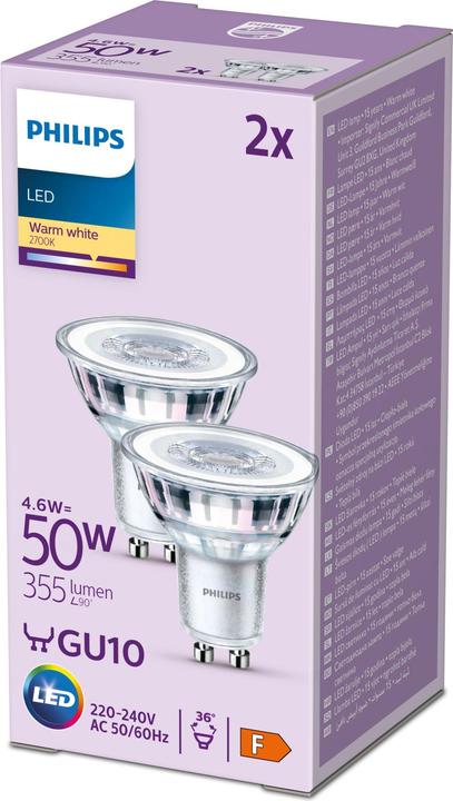 Productafbeelding Philips LED Klassiek (GU10, 4.60 W, 355 lm, 2 x, F)