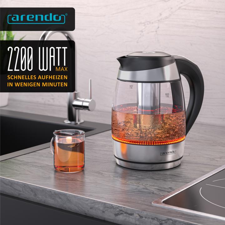 Produktbild Arendo Wasserkocher 1,8 L aus Glas & Edelstahl mit Temperatureinstellung & Teesieb, Teekocher 2200 W (1.80 l)