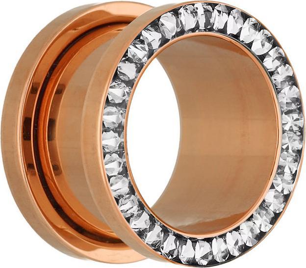 Star Piercing Flesh Tunnel rosegold mit Kristall silber und Epoxy Schutzschicht (ohne Messing, Chirurgenstahl 316L)