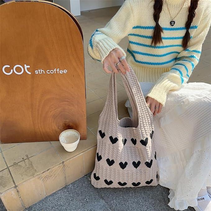 Produktbild Only-Bags.Store Minimalistische Liebe Muster Hobo Tasche, gestrickt Lagerung Einkaufstasche, leichte Urlaub Tasche