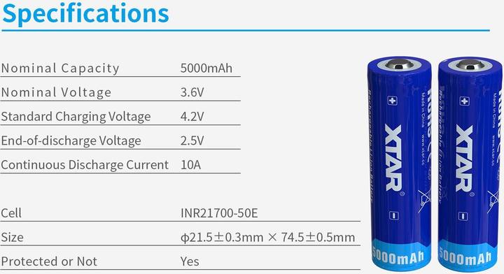 Image du produit Xtar Batterie 5000mAh 3.6V 21700 avec PCB (1 pcs, Spécifique à l'appareil, 5000 mAh)