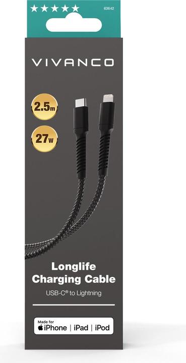 Produktbild Vivanco Longlife Lightning Kabel, Nylon, USB-C Stecker <> Lightning Stecker, 27W, schwarz, 2,5m (2.50 m, USB 2.0, 30 W)