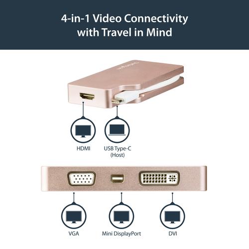 Produktbild StarTech USB-C Video Adapter Multiport - Rotgold - 4-in-1 USB-C auf VGA DVI HDMI oder mDP Display Adapter... (HDMI, DVI, VGA, Mini DP, 10.40 cm)