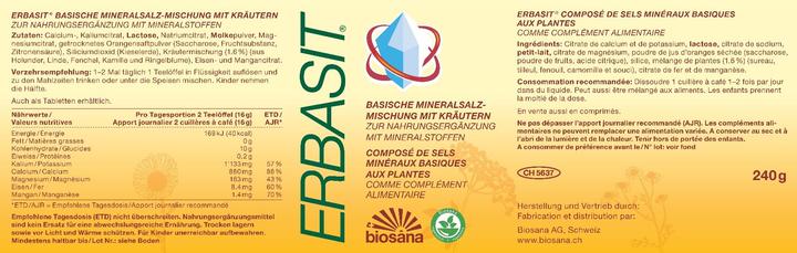 Valeurs nutritives et ingrédients Biosana Erbasit mélange basique de minéraux avec des herbes en poudre (1 pièce(s), Poudre, 240 g)