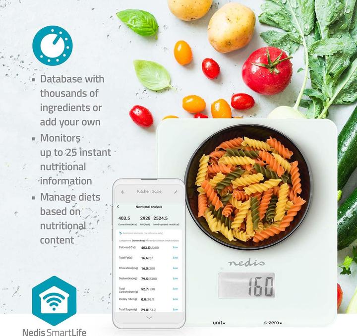 Produktbild Nedis SmartLife Küchenwaage Bluetooth® | Glas / Kunststoff | Weiss