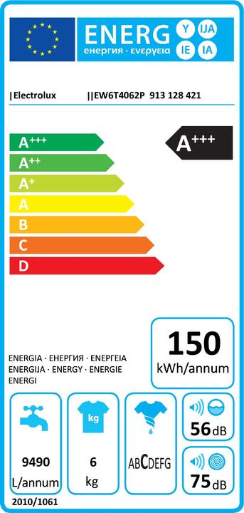 Energie-Label Electrolux EW 6T4062P Waschmaschine Freistehend Toplader (6 kg, Oben)