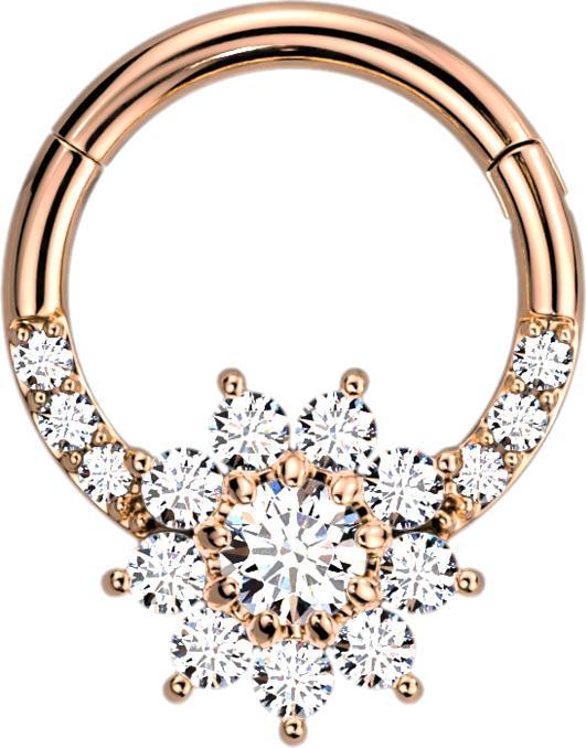 Star Piercing Micro Segmentring klappbar rosegold front Kristalle silber und Blume (Chirurgenstahl 316L, ohne Messing)