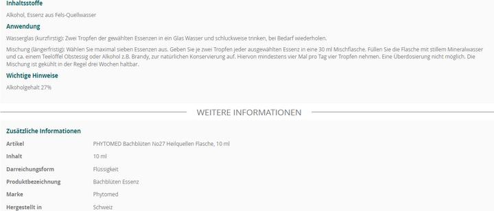 Nährwerte und Zutaten Phytomed Bachblüten No27 Heilquellen (1 Stück, Flüssigkeit, 22 g)