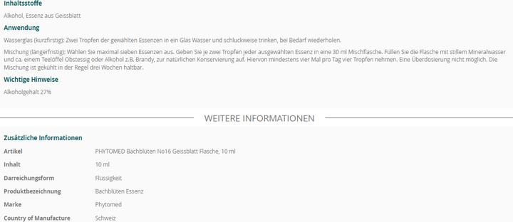 Nutritional values and ingredients Phytomed Bachblüten No16 Geissblatt (1 Piece, Liquid, 25 g)