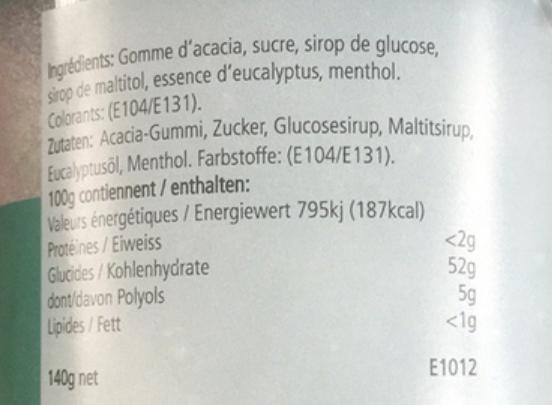 Valori nutrizionali e ingredienti Adropharm Pastiglie per alleviare le irritazioni con eucalipto organico (1 Pezzo/i)