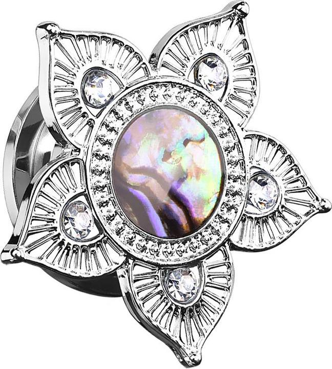 Produktbild Star Piercing Flesh Plug Triabl Blume mit Abalone und Kristall (Chirurgenstahl 316L, Messing)
