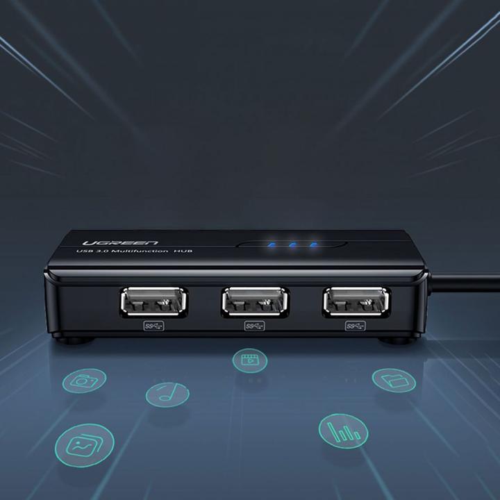 Produktbild Ugreen USB 2.0 Hub RJ45 Ethernet Adapter 3+1 Port USB 2.0-Hub Schwarz (USB-A, 3 Ports)