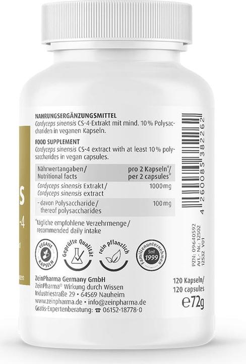 Nutritional values and ingredients Zein Pharma Cordyceps CS-4 (120 Piece, Capsules)