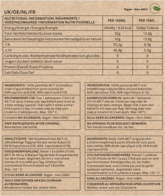Nährwerte und Zutaten Go-Keto Bio MCT-Öl Keto Premium Kokosnuss C8/C10 (1 Stück, Flüssigkeit)