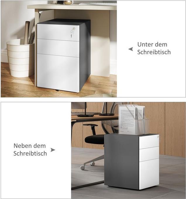 Immagine prodotto Swisshandel24 Rollcontainer, mobiler Aktenschrank mit 3 Schubladen, abschliessbar, 39x48x59cm, weiss+grau (39 x 48 x 59 cm)