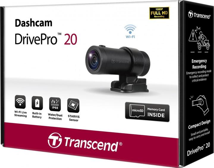 Actual product image Transcend DrivePro 20 Motorcycle Kamera (Built-in display, Rechargeable battery, Bluetooth, Wi-Fi, GPS receiver, Built-in microphone, Full HD)