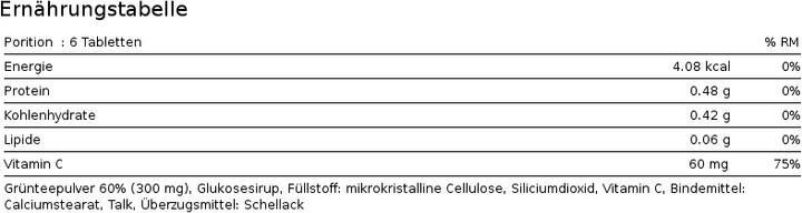 Valeurs nutritives et ingrédients Phytopharma Thé vert (1 pièce(s), Cachets, 120 g)