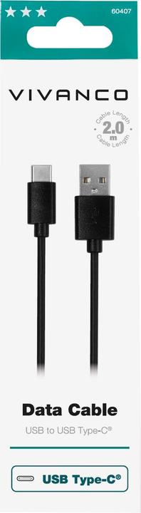 Image du produit Vivanco Câble USB-C, USB-A mâle <> USB-C mâle, max. 18W, noir, 2,0m (2 m, USB 2.0)
